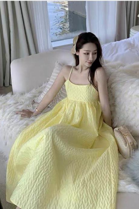 Unique, Textured Yellow Dress, Loose Spaghetti Strap Dress