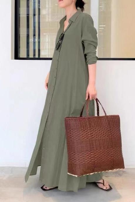 Large Size Cotton Linen Pure Color Long Dress, Dubai,/arabia Simple Loose Casual Long Shirt Dress