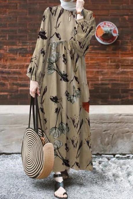 Muslim Middle East Cotton And Linen Print Long Dress, Dubai Casual Fashion Long Sleeve Dress, Loose Swing Type Long Dress