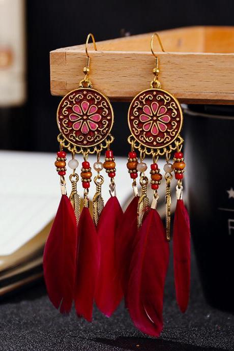 Bohemian vacation style, tassel feather earrings, vintage ethnic style earrings