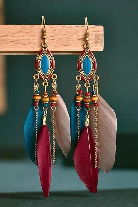 Ethnic style feather earrings, super fairy long earrings, holiday Bohemian style jewelry