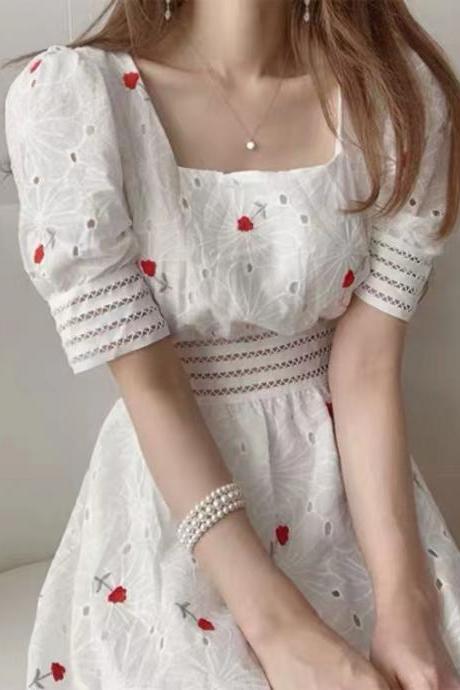 Summer, Sweet, Heavy Embroidery, Square Collar Hollow Bubble Sleeve Dress