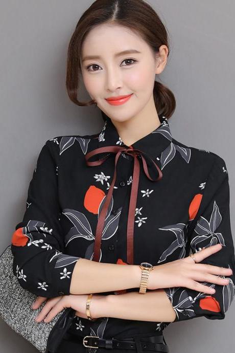 New style, spring and summer shirt, bownot tie chiffon floral long sleeve blouse,offices