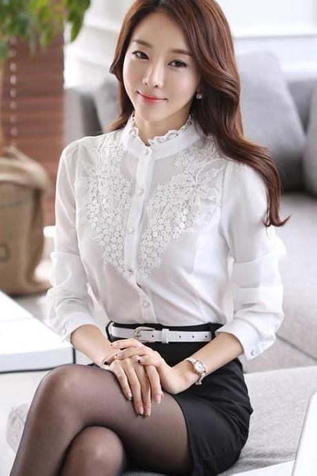 New spring fashion, lace long-sleeved shirt, women&amp;amp;#039;s shirt, white top,offices