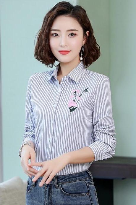 Striped shirt, spring style, long sleeve, large embroidered cotton vertical stripe, long sleeve shirt,offices,cheap on sale