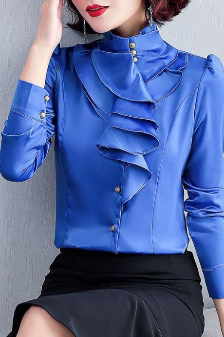 bright solid color blouse, long sleeves elegant shirt, slim body ,flounce collar top,offices,cheap on sale