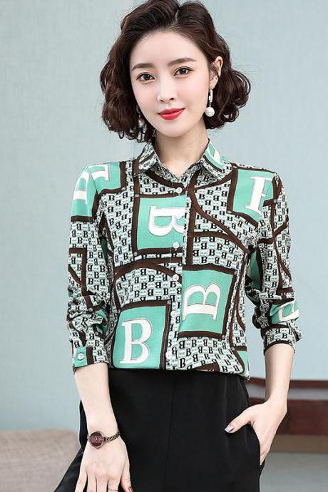 Spring And Summer, Temperament Commutes Vintage Shirt, Chiffon Printed Long Sleeve Professional Lapel Blouse