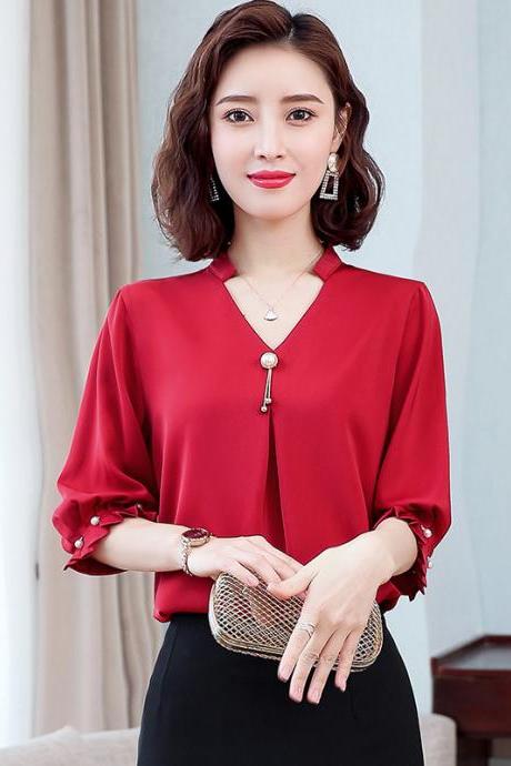 Solid color V-neck chiffon blouse, loose, temperamental, professional casual shirt,cheap on sale