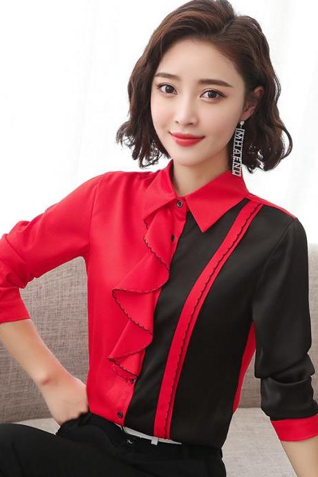 Red and black long-sleeve shirt, flounce square collar, large size long-sleeve blouse,offices,cheap on sale