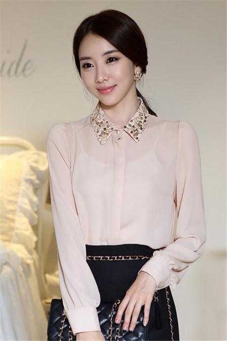Ladies' Blouse, Hand-nailed Beaded Collar, Professional White Collar, Long-sleeved Blouse,