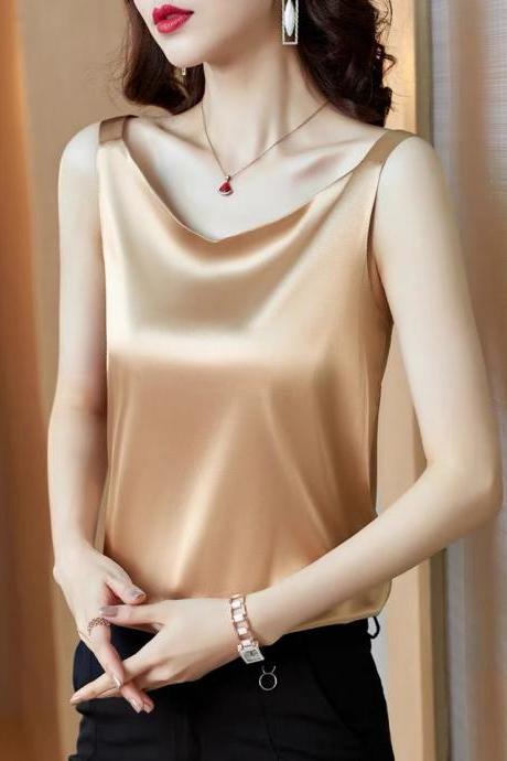 Summer, V-neck Tank Top, Ice Silk Satin Exterior, Sleeveless Champagne Undershirt With Suit