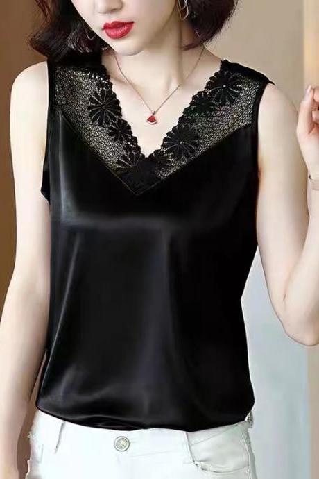 Lace Vest, V-neck Ice Silk Top Under Suit, Mulberry Silk Sleeveless T-shirt Top