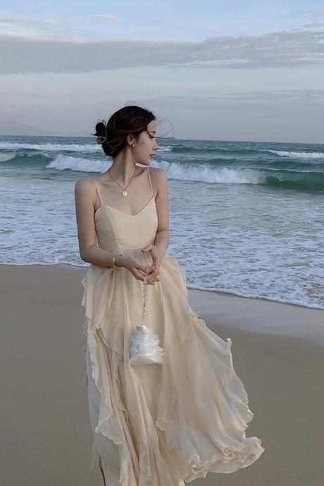 Flossy Girdle Dress, Super Fairy Romantic Elegant Irregular Dress, Seaside Holiday Chiffon Beach Dress