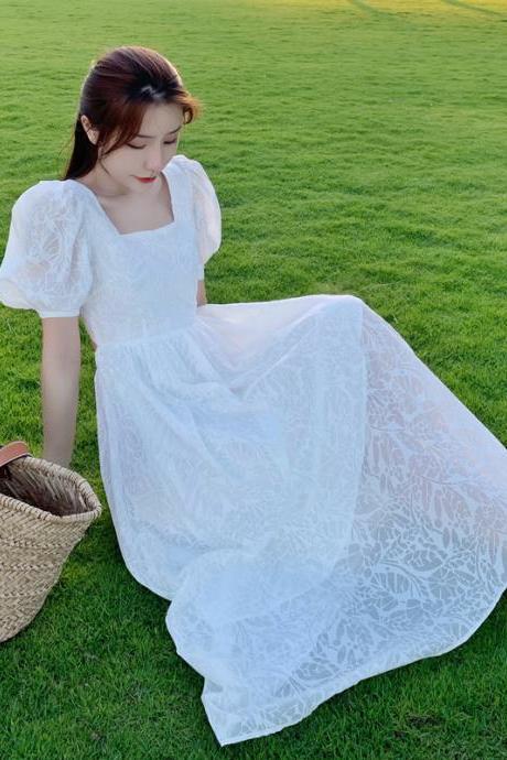 Super Fairy White Dress, Bubble Sleeve Holiday Dress, Summer Temperament Sweet Dress