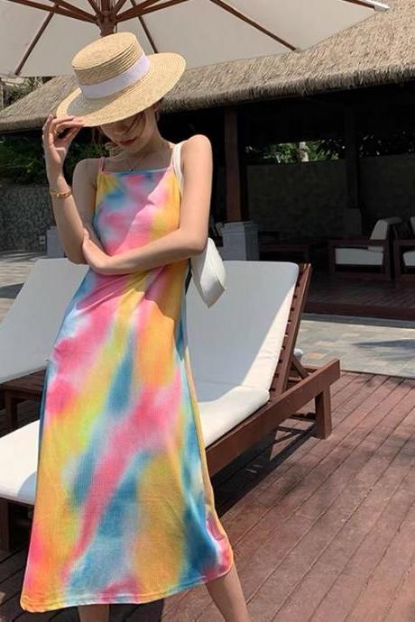 Travel Dress, Rainbow Beach Dress, Unique Tie-dye Halter Dress