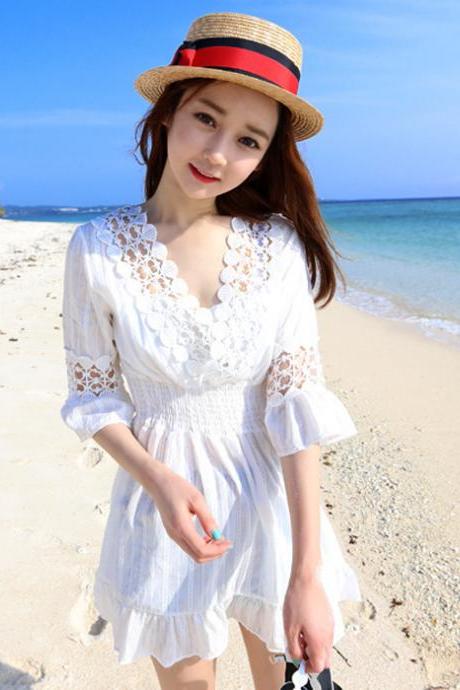 Lace Girl Shirt, Beach Vacation Dress, V Neck ,a-line Dress