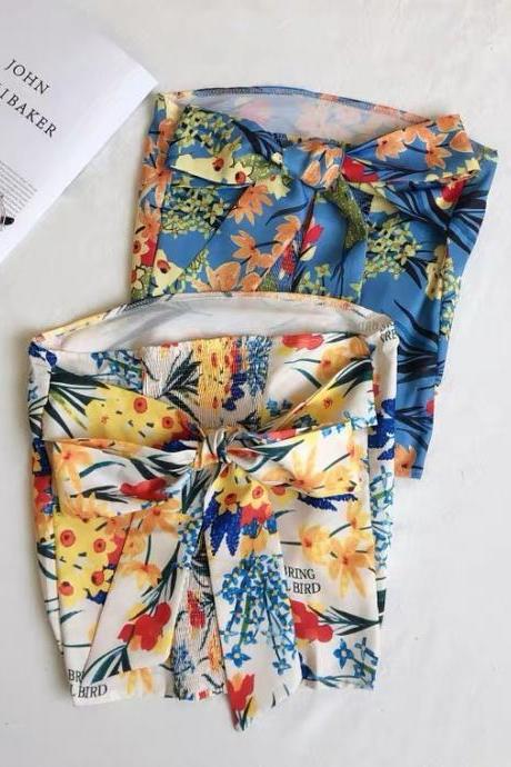 Vintage, Sexy, Floral Printed, Strapless Short Crop Top