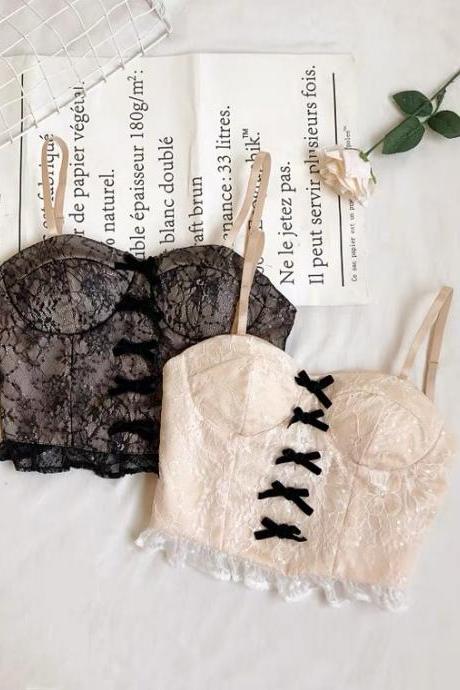 Summer, Style, Sexy, Lace Sequins, Bowknot Decoration, Short Suspenders Spaghetti Strap Top With Chest Pad