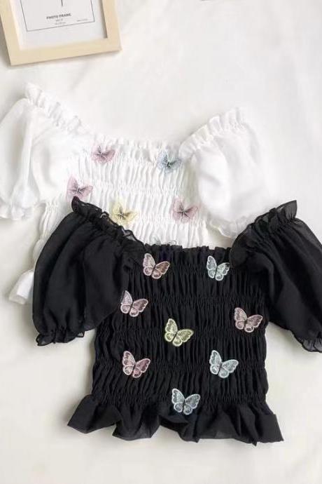 Style, Sweet, Butterfly Decal, Auricular Edge Pleated Chiffon Short Shirt,off Shoulder Top