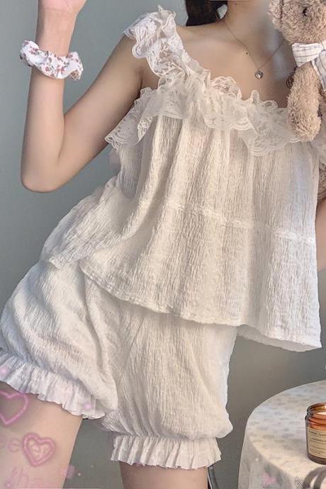 Large Size, Lace Pajama Set, Style, Cute Girl, Suspender Shorts Home Suit Two Pieces