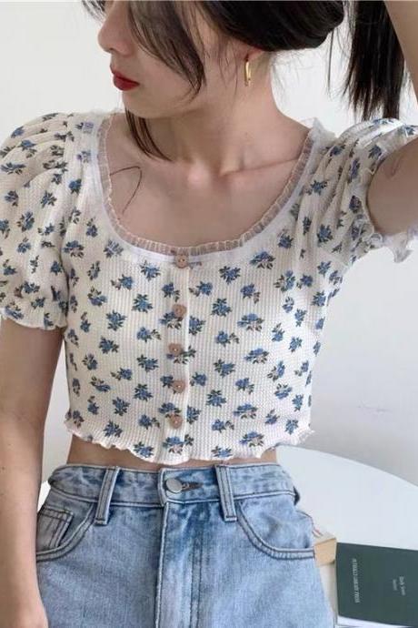 Vintage Short Crop Top, Summer, , Floral Short-sleeve T-shirt