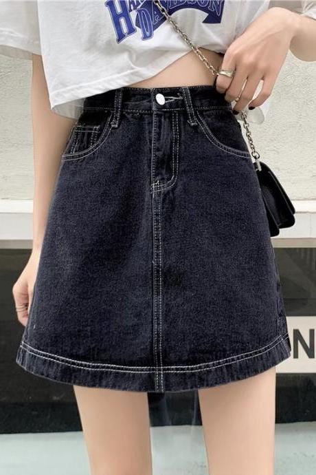 Black denim skirt, plus size, summer, new style, high-waisted A-line skirt
