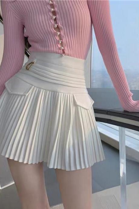 Black/white pleated skirt, summer, new style, high-waisted mini skirt