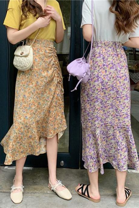 Midi floral skirt, new style, high waist, drawstring fishtail A-line skirt