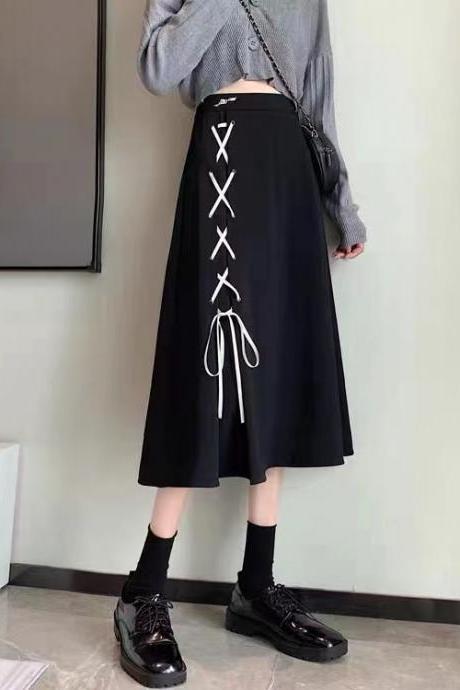 Belt-up skirt, summer, new style, high waist, midi versatile A-line skirt