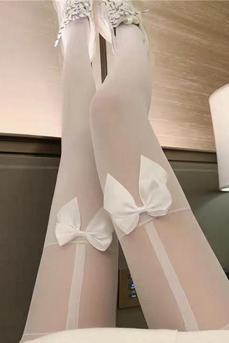 2 Pcs !hot Style, White Tights With Bow Tie, Tights With Silk Tights, Thigh-high Socks,high Quality Silk Stockings