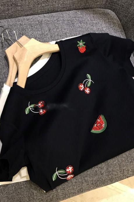 Summer, 3d Embroidered Cherry/watermelon, Round Neck And Short Sleeve T-shirt