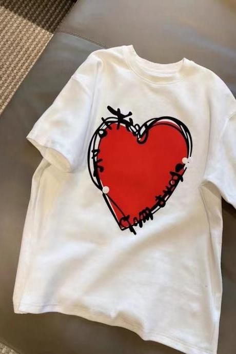Loving Heart Print, Loose Round Neck And Short Sleeve Shirt
