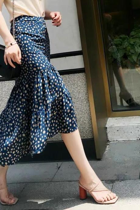 Romantic printed, high waist, irregular polka-dot mermaid skirt