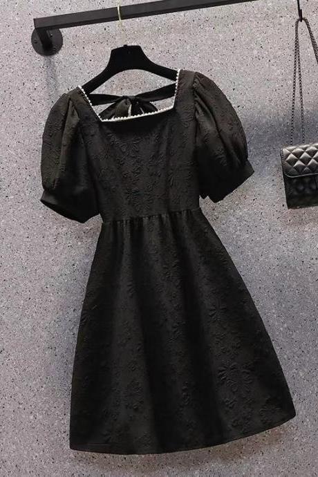Square Pearl Neck, Black Little Dress, Lace Jacquard Dress