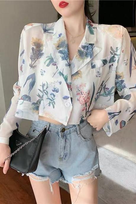 Long Sleeve Short Chiffon Shirt, Style,loose Blouse, Floral Printed Top