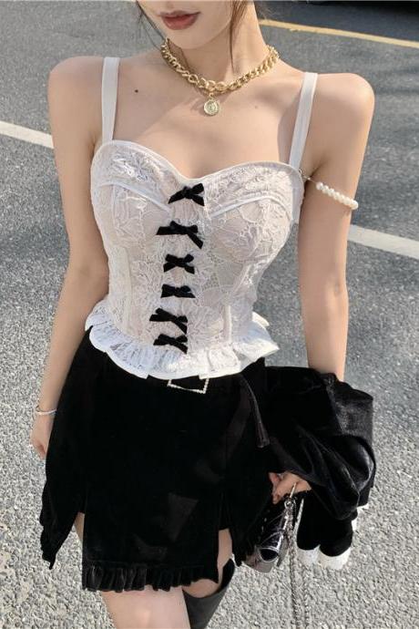 Lace Bowknot Tank Top, Sleeveless Tie, Sexy, Heavy Lace Top