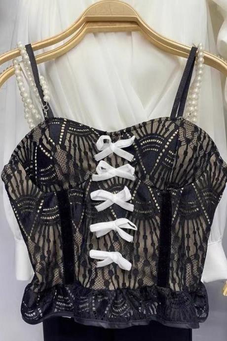 Summer, With Chest Pad, Lace Sweet Bowknot Top, Beaded Chain, Small Halter Tank Top
