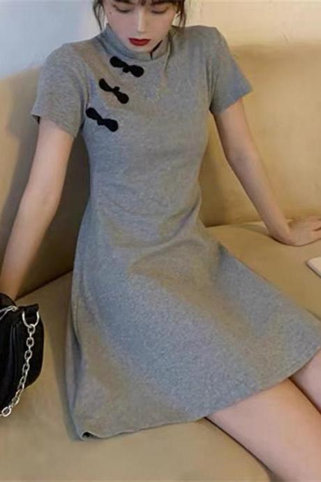 Improved version of cheongsam dress, high neck , French A-line dress