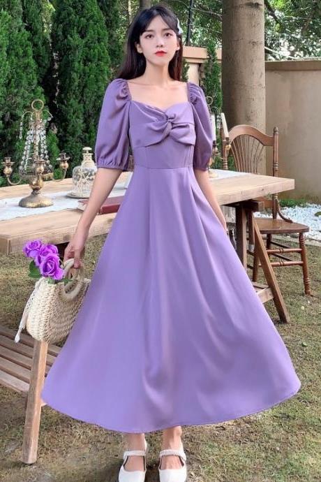 Sweet, purple tea break dress, bowknot square collar, girl long dress
