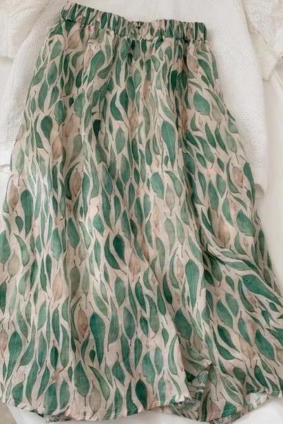 High sense ,Literary style, silk ramie, blended leaf printed A-line skirt