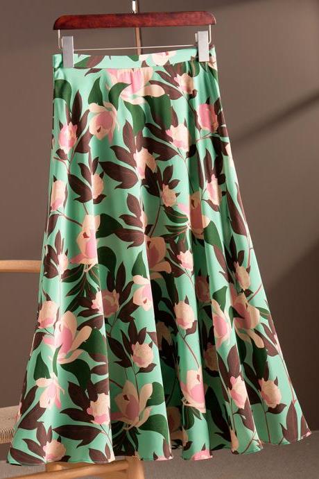 Floral printed skirt, heavy silk A-line skirt, midi skirt
