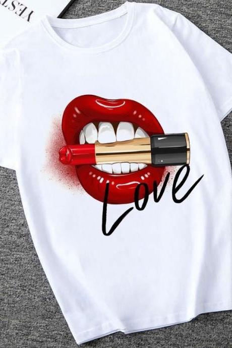 Lipstick, lips, personalized printed top, fashion sexy T-shirt, summer short sleeve o-neck bottom shirt