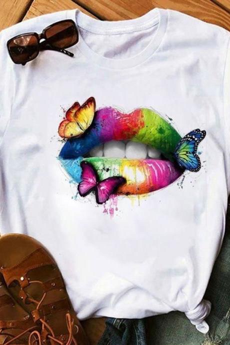 Ink color, butterfly, lip print short sleeve T-shirt, fashion personality women&#039;s top