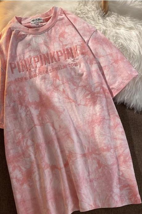 Tie-dye tops, embroidered lettered couple tops, bestie short-sleeved t-shirts, summer, loose base tops
