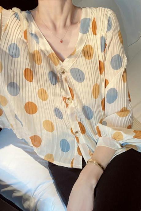 Vintage Polka-dot Pleated Chiffon Blouse, Temperament, Loose Long Sleeves, V-neck Shirt