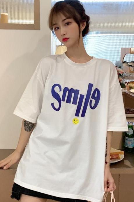 Simple, Round Collar, Loose Top, Cartoon Large Short Sleeve T-shirt