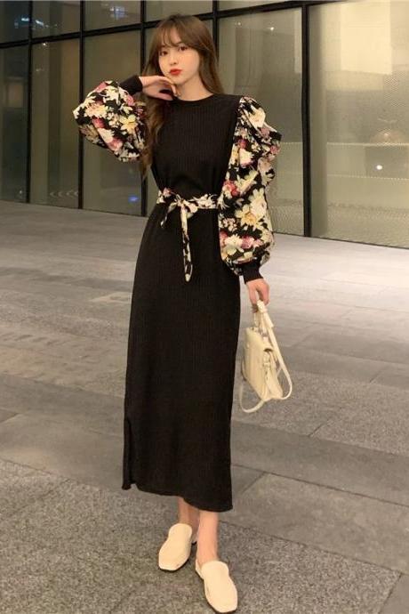 Round Collar,splice Floral Long Sleeve Pullover Dress, Style, Tie Up Waist Slit Dress