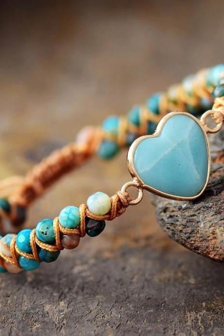 Natural Stone Heart Accessories Bracelet,love blue ethnic style woven bracelet,handmade