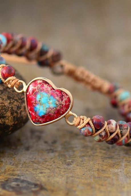 Boho,Red Emperor Stone Bracelet, Heart Heart Bracelet, Braided Bracelet,Friendship, Couple's bracelet,Handmade