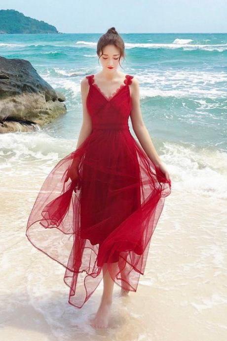 French Style, Vintage, Red Tulle V-neck Dress, Beach Holiday Dress,prom Dress